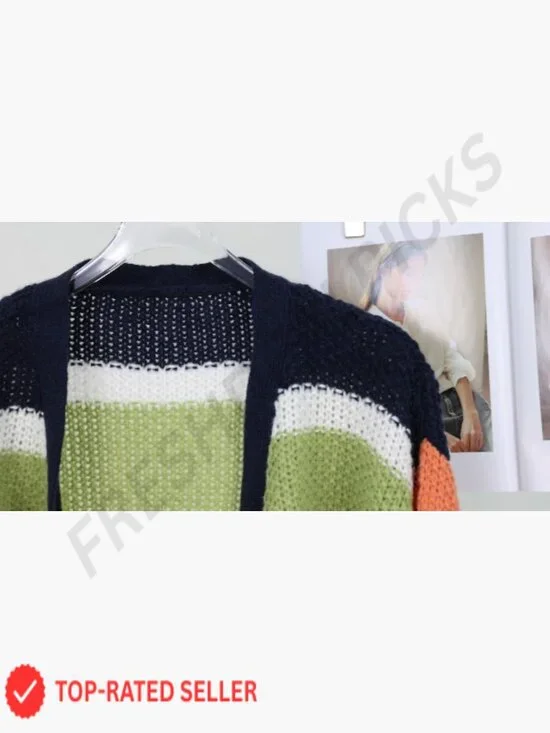 Oversized Chunky Knit Cardigan Sweater Open Front Long Sleeve Striped Y2K Chic - Picture 7 of 7